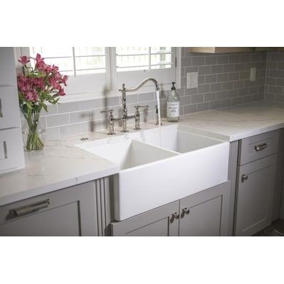 SINKOLOGY Farmhouse Apron Front 33-in x 18-in Crisp White Double Equal Bowl Kitchen Sink in the Kitchen Sinks department at Lowes.com Apron Kitchen Sink, Modern Outdoor Kitchen, Apron Sink Kitchen, Farmhouse Apron, Kitchen Company, Farmhouse Aprons, Double Bowl Kitchen Sink, Apron Kitchen, Bowl Kitchen Sink