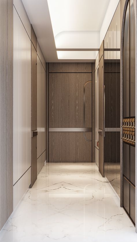 Passage Panelling Design, Entry Foyer Wall Design, Entrance Wall Panelling, Passage Ceiling Design, Residence Lobby, Factory Interior, Door Design Photos, Main Entrance Door Design, Corridor Design