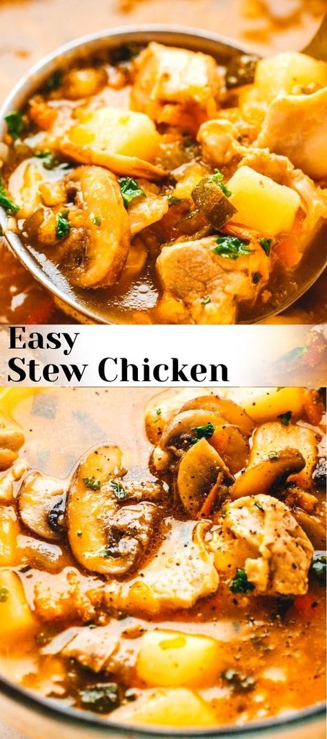 Easy chicken stew recipe - made of the finest organic veggies like mushrooms, zucchinis, potatoes and carrots. Chicken Mushroom Potato Soup, Chicken Carrots Mushrooms, Chicken Mushroom Stew, Potato Mushroom Recipe, Chicken Stew With Potatoes, Mushroom Potato Soup, Best Chicken Stew, Easy Chicken Stew, Munchkin Time