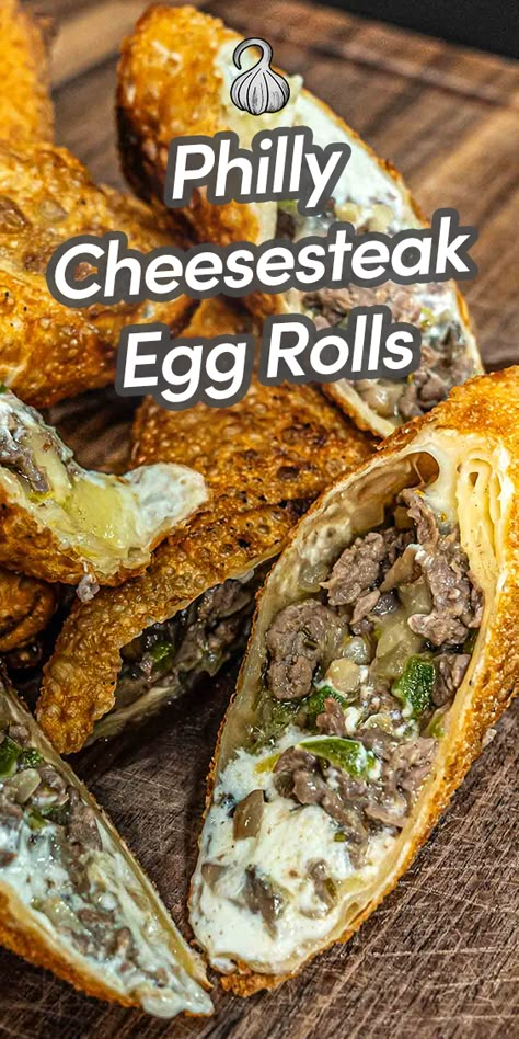 These crispy, cheesy Philly Cheesesteak Egg Rolls are the perfect party snacks. They're filled with juicy marinated steak, savory mushrooms and bell peppers, and smothered in rich melty cheese. Philly Cheese Steak Spring Rolls, Philly Steak Egg Rolls, Comfy Meals, Philly Cheese Steak Egg Rolls, Cheesesteak Eggrolls, Burger Meals, Philly Cheesesteak Egg Rolls, Southern Meals, Steak Rolls