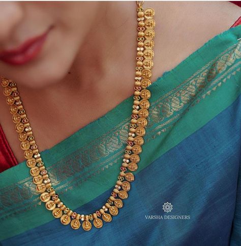 Gold Malai Designs, Simple Haram Designs Gold, Kasu Haram Designs, Long Chains Indian Gold, Gold Haram Designs Indian, Kasulaperu Jewellery, Kasu Malai, Kasu Mala, Gold Haram Designs