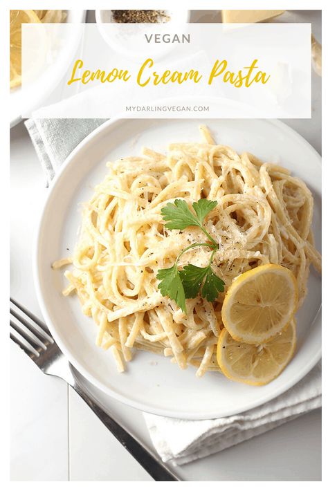 A simple and delicious meal, this Vegan Lemon Pasta with Cashew Cream Sauce can be made in under 30 minutes for the perfect weeknight or special occasion dinner. Serve it with a caesar salad or artisan bread for an impressive Italian feast. Vegan Lemon Pasta, Lemon Cream Pasta, Pasta With Lemon Sauce, Lemon Heaven, Italian Feast, Cashew Cream Sauce, Cream Sauce Pasta, Lemon Cream Sauces, Special Occasion Dinner