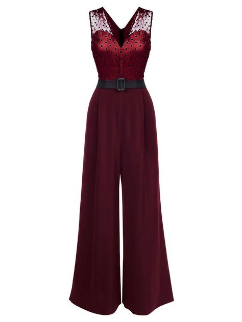 Wine Red 1950s Polka Dot Belt Jumpsuit – Retro Stage - Chic Vintage Dresses and Accessories Retro Stage, Snowflake Dress, Belt Jumpsuit, Off Shoulder Jumpsuit, Designer Jumpsuits, Standard Dress, Chic Vintage, 50s Fashion, Blouse And Skirt