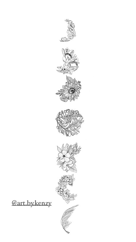 Moon phases filled with flowers - top moon phase is the smallest and contained a eucalyptus, the second phase is a little thicker and has a branches of an orange tree with orange blossoms and two oranges. The next phase is half a circle and is a sunflower with leaves. The full circle is olive branches with a lot of leaves and olives on it. The next phase begins to thin and containes two hibiscus flowers then the next phase is a bit thinner and has bougainvillea buds. Finally the last is pampas Floral Moon Phases Tattoo, Floral Moon Phases, Moon Phase Tattoo, Phase Tattoo, Moon Phases Tattoo, Floral Moon, Moon Tattoo, Moon Phases, Back Tattoo