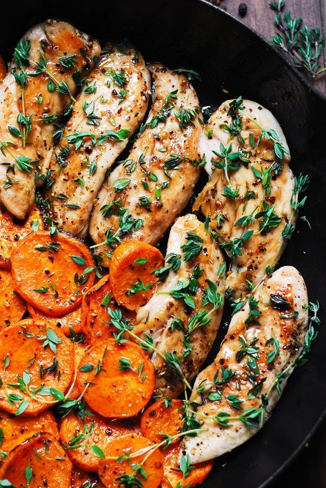 Maple Chicken with Sweet Potatoes in a cast-iron skillet Maple Chicken And Sweet Potatoes, Meal Ideas With Sweet Potatoes, Dinner Ideas With Sweet Potatoes, Sweet Potato With Chicken, Chicken Sweet Potato Recipes, Sweet Potatoes And Chicken, Sweet Potato And Chicken, Chicken And Sweet Potatoes, Chicken With Sweet Potatoes