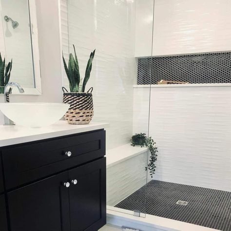 Black Penny Tile Floor, Black Penny Tile, Doorless Shower Ideas, Penny Tile Floor, Shower Ledge, Shower Niche Ideas, Pebble Tile Shower, Cleaning Bathrooms, White Subway Tile Shower