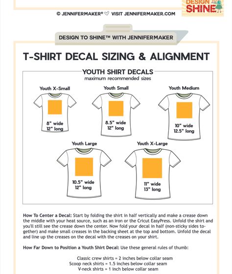 YOUTH T-SHIRT DECAL SIZING & ALIGNMENT Youth Shirt Decal Size Chart, Tshirt Image Size, Decal Sizes For Shirts, Heat Press Projects, Circuit Maker, Sour Milk, T Shirt Fonts, Glowforge Ideas, Clothing Making