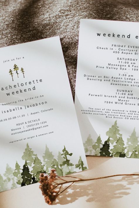 JENNA Rustic Pine Mountain Forest Bachelorette Camping Bachelorette, Itinerary Invitation, Bachelorette Invitation, Pine Mountain, Weekend Itinerary, Mountain Forest, Bachelorette Invitations, Itinerary Template, Bachelorette Party Invitations