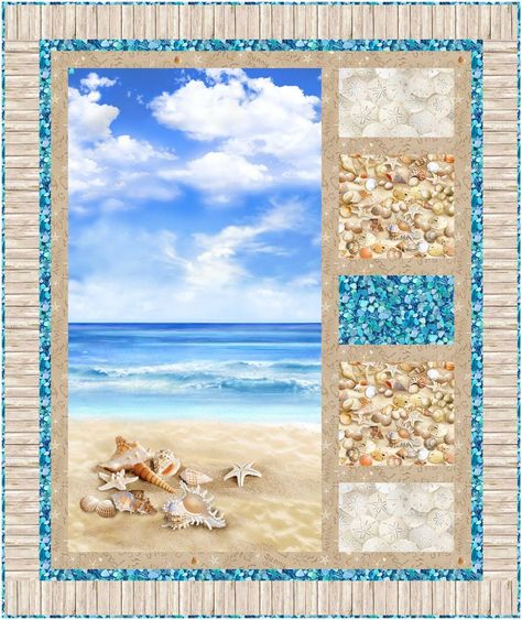 Projects / BEACH COMBER - SEASIDE Beach Panel Quilt, Beach Panel Quilts Ideas, Beach Themed Quilts, Themed Quilts, Sand Writing, Beach Quilt, Sand Dollars, Quilt Stores, Shell Beach