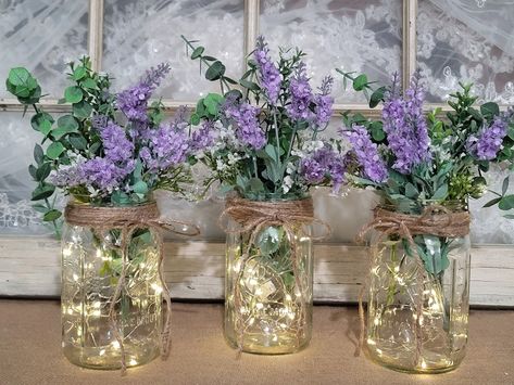 Sets of Lighted Mason Jar Centerpieces, Wedding Centerpieces, Event Centerpieces, Mason Jars With Lights, Wedding Décor, Lavender Purple - Etsy Jars With Fairy Lights Centerpieces, Lavender Table Centerpieces, Gold And Purple Centerpieces, Dark Purple Centerpieces, Purple Flower Decorations, Lighted Mason Jar Centerpieces, Wedding Table Settings Purple, Jar Wedding Centerpieces, Mason Jar Wedding Centerpieces