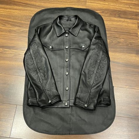 Happy Sunday!😮😍 Chrome Hearts #���🔥 . . . . #chromehearts #leather #leatherjacket Chrome Hearts Varsity Jacket, Chrome Hearts Jacket, Chrome Hearts Jersey, Chrome Heart Leather Jacket, Chrome Hearts Long Sleeve, Classic Leather Jacket, Floral Sleeve, Chrome Hearts, Classic Leather