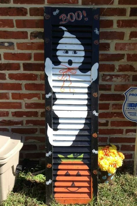 Spooky shutter Shutter Decorations, Recycled Shutters, Shutter Diy, Shutter Crafts, Shutter Art, Shutters Diy, Painted Shutters, Shutters Repurposed Decor, Winery Ideas