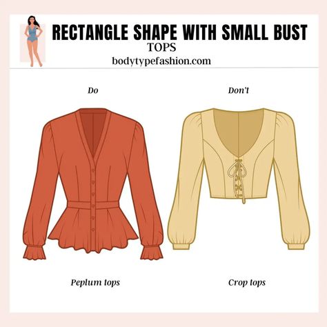 Avoid crop tops Tops For Small Chest, Small Bust Fashion, Body Type Clothes, Ingenue Essence, Rectangle Body Shape Outfits, Stylish Petite Woman, Rectangle Body Shape, Triangle Body Shape, Petite Woman