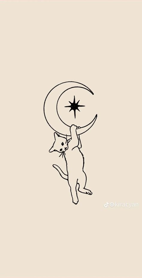 Small Cat Wallpaper, Pretty Wolf Tattoo, Cat Tattoo Design, Cat Gemini Tattoo, Cat Stick And Poke Tattoo, Cat Space Tattoo, Cat Tattoo Moon, Cat And Moon Tattoo, Cat In Space Tattoo