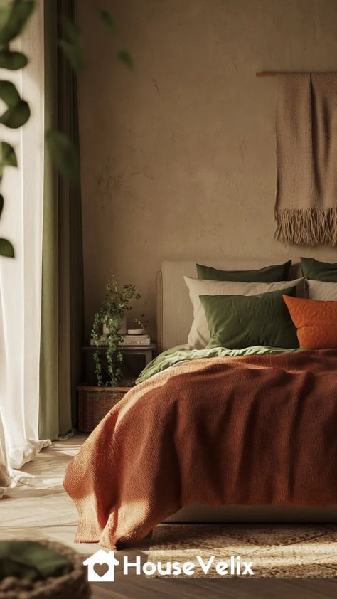 Earth-Toned Palettes Updated Peach Earth Tone Bedroom, Rust And Olive Bedroom, Earth Toned Bedroom, Earth Tone Bedding, Terracotta And Green Bedroom, Earthy Room, Olive Bedroom, Earth Tone Bedroom, Mood Board Bedroom