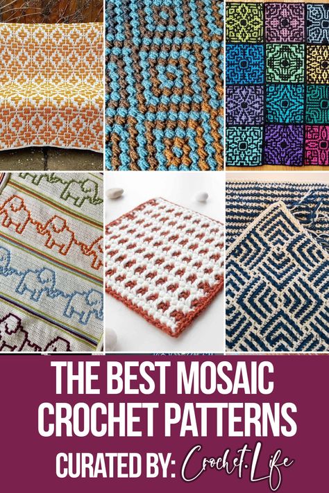 These 14 mosaic crochet patterns are so beautiful, they are going to make you want to start crocheting immediately. Mosaic Crochet Easy, Mosaic Crochet Squares Patterns Free, Crochet Mosaic Square Free Pattern, Mosaic Crochet Flower Pattern, Interlocking Mosaic Crochet, Crochet Mosaic Square, Mosaic Crochet Squares, Mosaic Afghan Crochet Patterns, Mosaic Crochet Beginner