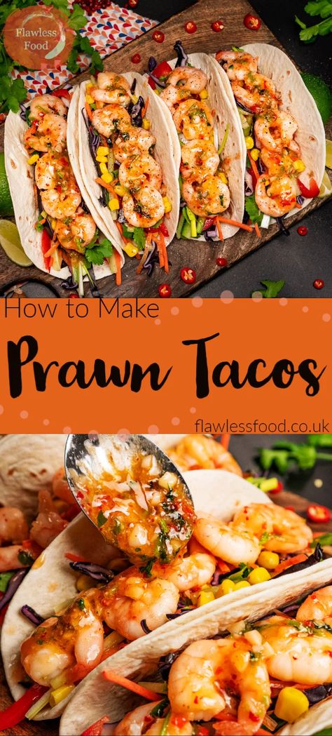 Prawn tacos are a delicious and easy-to-make meal that can be enjoyed any day of the week. Packed with healthy ingredients, they make for a satisfying and nutritious meal. Prawns are an excellent source of protein, and when combined with fresh salad, they make for a well-rounded dish. This recipe can be made with fresh or frozen prawns, and can be easily adapted to suit your taste. So whether you like your tacos mild or spicy, these shrimp wraps are sure to hit the spot. King Prawn Recipes, Prawn Tacos, Chilli Sauce Recipe, Sweet Chilli Sauce Recipe, Shrimp Wraps, Prawn Dishes, Spicy Prawns, Prawn Salad, Prawn Recipes