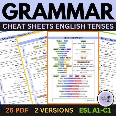 [E-Book] English Grammar Cheat Sheets ALL ENGLISH TENSES Grammar Cheat Sheet, English Tenses, All Tenses, Regular And Irregular Verbs, Word Order, Simple Present, Subject And Verb, Irregular Verbs, Present Perfect