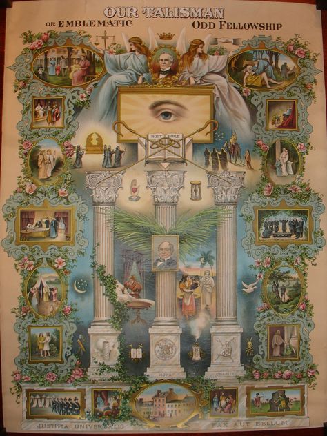 Old Odd Fellow Poster 1882 Occult Painting, Odd Fellow, Secret Society Symbols, Masonic Art, Odd Fellows, Masonic Symbols, Esoteric Art, Aliens And Ufos, Occult Art