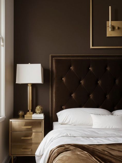 Tuffed Headboard, Brown Accent Wall, Bedroom Accent Wall, Brass Wall Sconces, Velvet Headboard, Bedroom Accent, Accent Wall Bedroom, Brass Wall, Brown Color