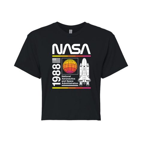 This NASA juniors' graphic tee is out of this world! This NASA juniors' graphic tee is out of this world!  Crewneck Short sleeves Cropped fitFABRIC & CARE Cotton, polyester Machine wash Imported Size: Medium. Color: Black. Gender: unisex. Age Group: kids. Nasa Retro, Nasa Shirt, Space Shirts, Space Nasa, Retro Tshirt, Out Of This World, Work Shirts, Oversized Tee, This World