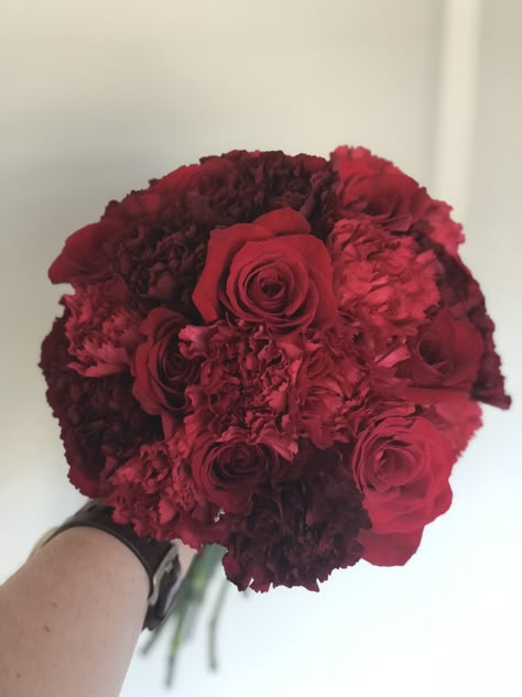 Red Carnations Bouquet, Red Carnation Bouquet, Florist Inspiration, Roses And Carnations, Blue Carnations, Carnation Bouquet, Smith Wedding, Lilac Bouquet, Red Wedding Flowers