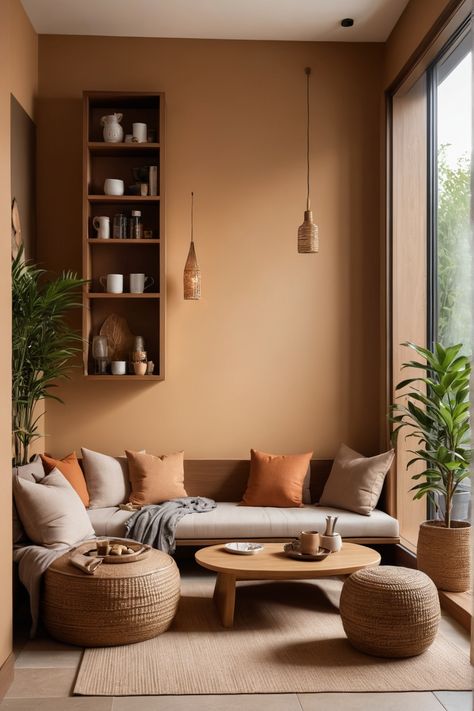 Cozy living room with earth-toned walls, a low sofa with orange and beige cushions, woven furniture, and large plants by a window. Zen Den Ideas, Coffee Nooks, Sanctuary Design, Meditation Room Design, Nook Inspiration, Zen Corner, Simple Decorations, Meditation Studio, Meditation Corner