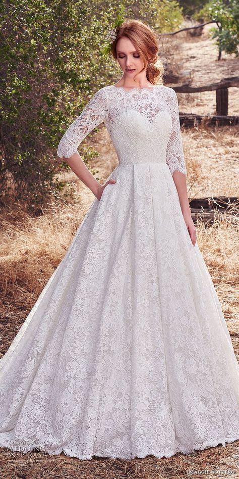 Weddinginspirasi.com featuring - maggie sottero fall 2017 bridal half sleeves bateau neck full embelllishment elegant romantic ball gown a  line wedding dress open v back chapel train (926) mv -- Maggie Sottero Fall 2017 Wedding Dresses  #wedding #weddings #bridal #weddingdress #weddingdresses #bride #fashion #label:MaggieSottero #season:Fall/Winter #year:2017 ~ Sareh Nouri, Russian Wedding, Anne Barge, Vintage Inspired Wedding Dresses, Maggie Sottero Wedding Dresses, Wedding Dress With Pockets, Wedding Dresses 2018, Stella York, White Wedding Dress