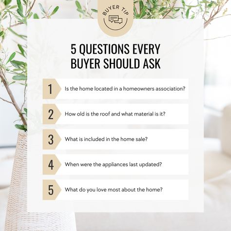 Friday Five! 🖐️ 5 Questions every buyer should ask. 🙋‍♂️ Buying a home is a big decision and you want to be sure you're making the right one. Be sure to ask the seller these essential questions. 💬 Are you shopping for a new house? Get in touch and let's find a house you love! 📲 Brenda Ames, Broker, ABR, GRI, New Home Sales Real Estat, Exp Realty, Essential Questions, Buying A Home, Berkshire Hathaway, Real Estate Tips, Real Estate Broker, Keller Williams, Keller Williams Realty