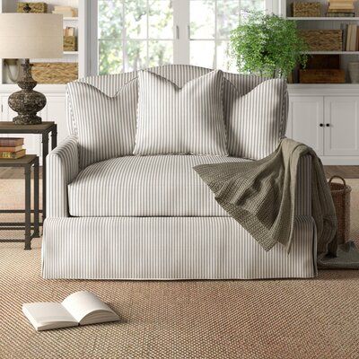 Living Room Coastal Grandmother, Striped Couch, Slipcovered Chair, Oversized Armchair, Chair And A Half, Fabric Upholstery, Toss Pillows, Slipcovers For Chairs, Straight Skirt