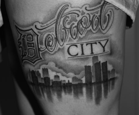 my upper thigh tattoo - detroit city Detroit Skyline Tattoo, City Tattoo Ideas For Men, Detroit Tattoo Ideas, Crip Tattoos, Rj Tattoo, Detroit Tattoo, Atlanta Tattoo, Upper Thigh Tattoos, Skyline Tattoo