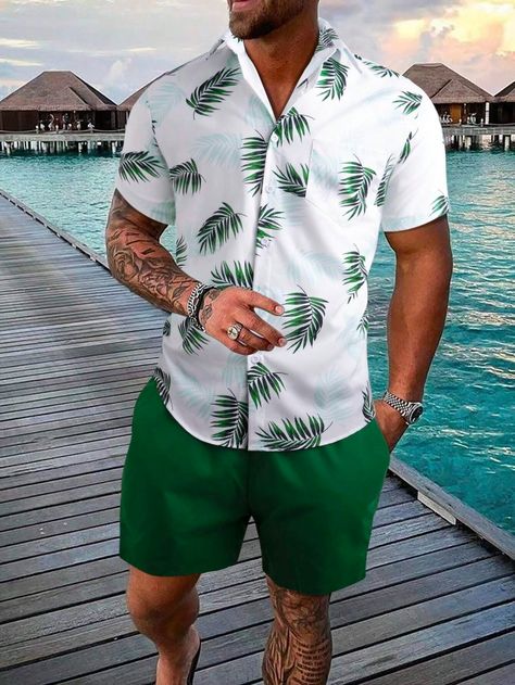 Manfinity Men Tropical Print Shirt & Shorts | SHEIN USA Tropical Print Shirt, Looks Jeans, Polo Shirt Design, Drawstring Waist Shorts, Cropped Leather Jacket, Co Ords, Mens Fashion Suits, Shorts Men, Men Shirt