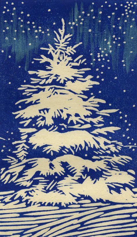 Christmas Tree Wood, Blue And White Christmas, Woodcut Prints, Wood Block Print, Linocut Printmaking, Lino Art, Relief Printing, Linocut Art, Wood Block Printing