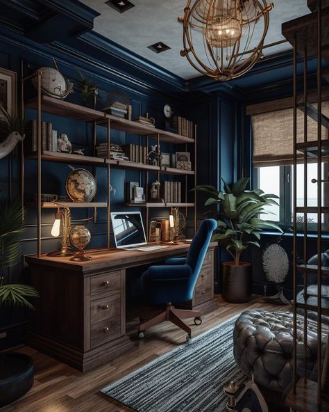 Nautical Homesteads 🛟 EP VI: Study room Variations Comment your fav slide 💙 | Instagram Dark Nautical Decor, Dark Blue Office, Dark Nautical, Office Dark, Study Room Design, Office Renovation, Study Room Decor, Home Garden Design, Nautical Home