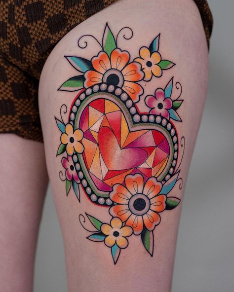 Thanks Marissa for the trust on your “this or that” tattoo! I wanna do more of these! 🥳 And thanks to @deanna_art and all the amazing… | Instagram Colorful Heart Tattoos For Women, Stained Glass Heart Tattoo, Flower Tattoos Colorful, Stained Glass Tattoo Ideas, Color Tattoos For Women, Katie Mcgowan, Color Wheel Tattoo, 45 Tattoo, New Tattoo Styles