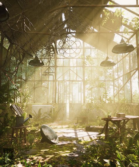 ArtStation - Greenhouse [UE4], Ine Kiebooms Old Greenhouse Aesthetic, Creepy Greenhouse, Greenhouse Reference, Greenhouse Concept Art, Victorian Greenhouse Conservatory, Overgrown Greenhouse, Fantasy Greenhouse, Greenhouse Drawing, Greenhouse Painting