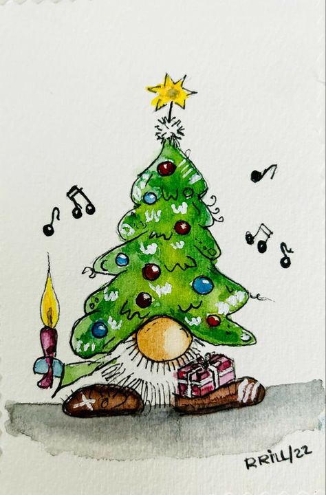 Whimsical Christmas Cards, Happy Painting Weihnachten, Christmas Cards Handmade Drawing, Fun Watercolor Ideas, Christmas Present Drawing, Whimsical Christmas Art, Watercolor Christmas Cards Diy, Christmas Pebble Art, Painted Christmas Cards