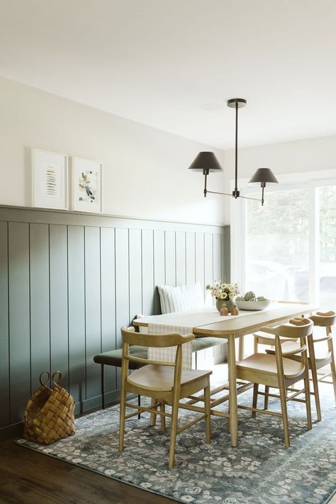 Illusive Green, Dining Room Table Lighting, Clean Dining Room, Dining Room Paneling, Tiny Dining Rooms, Green Dining Room, Dining Table Lighting, Dining Room Blue, Grey Dining Room