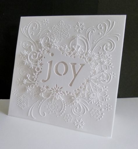 F4A343 ~ Joy Winter Karten, Snowflake Cards, Christmas Card Inspiration, Homemade Christmas Cards, Xmas Card, Embossed Cards, White On White, Xmas Ideas, Diy Christmas Cards