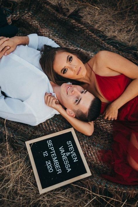 Winter Formal Engagement Photos, Semi Formal Engagement Photos, Engagement Photos Props, Engagement Photos Formal, Red Dress Engagement, Sunset Engagement Pictures, Dress Engagement Photos, Engagement Photo Shoot Poses, Engament Photos