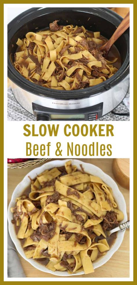 Slow cooker beef and noodles is an easy dump and go recipe. Tender beef is cooked in rich, flavorful, brown gravy and served over egg noodles creating a delicious, hearty, comfort meal. Beef Egg Noodles Crockpot, Slow Cooker Beef And Noodles Recipes, Beef Tips And Noodles Crock Pot Slow Cooker Easy Recipes, Frozen Noodles In Crockpot, Thanksgiving Noodles Crock Pot, Amish Beef And Noodles Crockpot, Beef And Noodles Crockpot Easy, Beef N Noodles, Slow Cooked Silverside