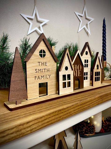 Laser Cut Christmas Ideas Wood House Christmas Decor, Wooden House Christmas Decorations, House Shelf Decor, Folk Interior, Mini Wooden Houses, Hygge Vibes, Wooden House Decoration, Engraved Christmas Ornaments, Glow Forge