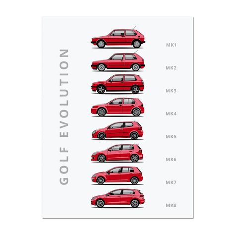 Give the original hot hatch the prestige it deserves by purchasing this Volkswagen Golf poster, perfect for caves, office space, and home decor alike. Car models from top to bottom: MK1 – MK7 #Volkswagen #Golf #red #car #art #poster #print #home #office #decor #gift Vw Mk1, Golf Poster, Automobile Engineering, Volkswagen Golf Gti, Golf Car, Car Poster, Hot Hatch, Man Caves, Golf 1