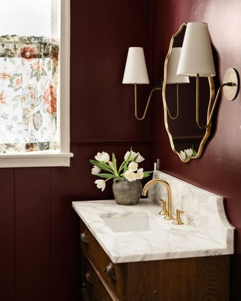 bathroom inspiration • Instagram Maroon Powder Room, Maroon Bathroom, Birmingham House, Plum Bathroom, Burgundy Bathroom, Moody Bathroom, Burgundy Walls, Mulberry Color, Downstairs Loo