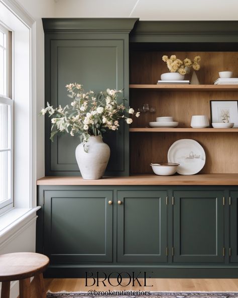 Green Cabinets Bar, Green Office Cabinets, How To Start Painting, Pewter Green, Styling Shelves, Painting Walls, Built In Bar, Start Painting, Mini Bars