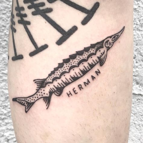 Herman the sturgeon for Tiff! Thanks so much friend! 🖤🙏🖤 Sturgeon Fish Tattoo, Sturgeon Drawing, Sturgeon Illustration, Mahi Mahi Tattoo, Sturgeon Tattoo, Newfoundland Tattoo, Tuna Tattoo, Aquarius Outfits, Light House Tattoo