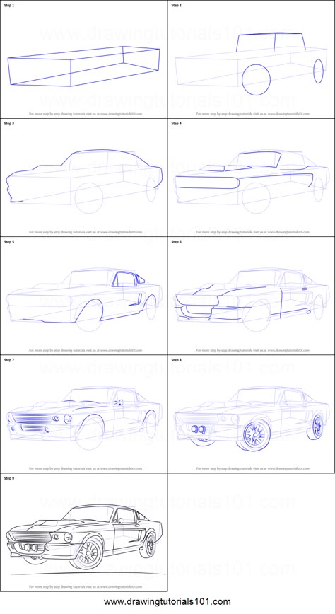 How to Draw a 1968 Mustang Printable Drawing Sheet by DrawingTutorials101.com How To Draw Mustang, How To Draw Cars Step By Step, How To Draw A Car, Manga Cars, Mustang Drawing, Sketches Cartoon, How To Draw Cars, Car Drawing Pencil, Car Drawing Easy