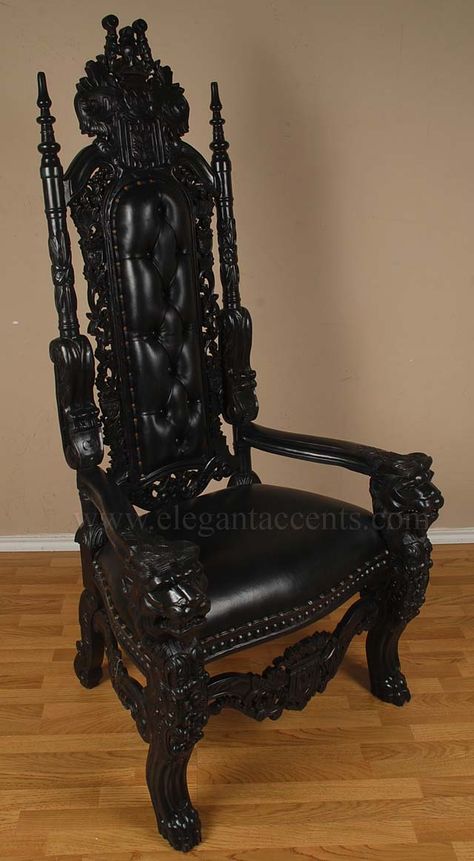 6' Gothic King Lion Throne Chair with distressed black finish and black leather. Gothic Chair, Modern Provincial, King Chair, Provincial Furniture, Gothic Furniture, Throne Chair, Gothic Decor, Gothic House, Classic Furniture