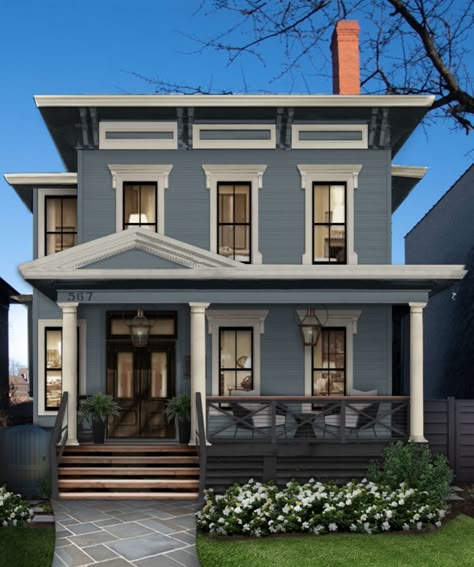 Modern Victorian House Exterior, Modern Victorian House, Victorian Home Exterior, Dark Gray Paint Colors, Victorian House Colors, Exterior Updates, Modern Victorian Homes, Victorian Homes Exterior, Contemporary Victorian