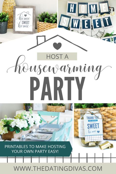 Housewarming party host kit includes printable invitations decor, a unique game, and more! Makes hosting a housewarming party easy! #housewarmingparty #housewarming #datingdivas #HostaHousewarmingParty New House Party Decorations, New Home Party Decorations, Housewarming Decorations Diy, House Warming Party Ideas Hosting A, House Blessing Party Ideas, House Warming Party Ideas Themes, Housewarming Party Ideas Decoration, Housewarming Party Ideas Theme, Housewarming Party Ideas